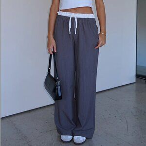 WhiteFox Boutique Grey Pinstripe Stripe Ruffled Pants